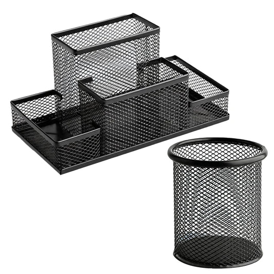 Mesh Desk Organizer with 4 Compartments - Powder-Coated Black Metal Caddy, 8.27 x 4.33 x 3.94 in, for Desktops, Everstock