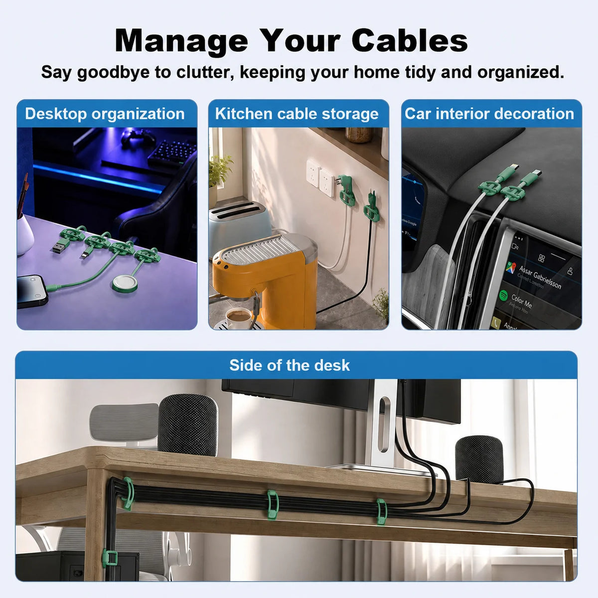 Adhesive Cord Organizer Clips - Elastic Loop Cable Ties for Desks, Nightstands and TV Units, Everstock
