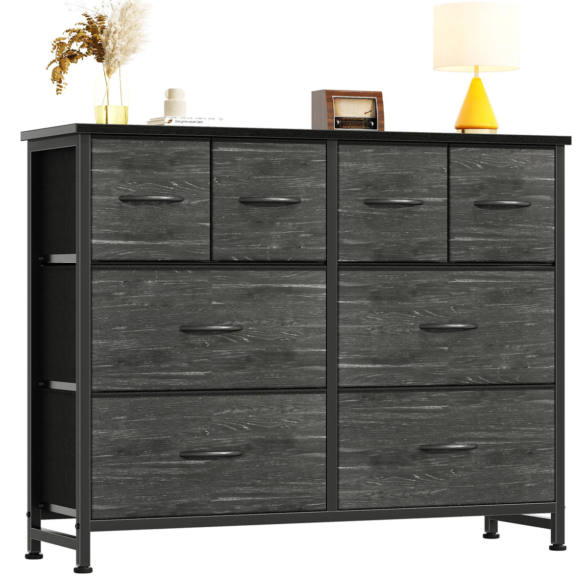Wide Fabric Dresser & TV Stand - 63-Inch Storage Tower with Wood Top, Metal Frame and Deep Fabric Drawers, Everstock