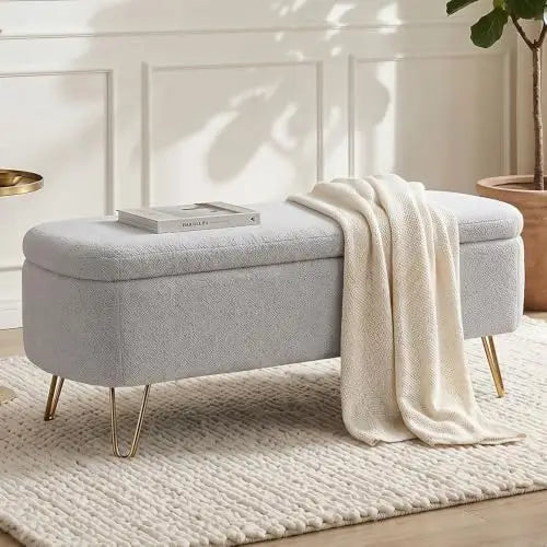 Storage Ottoman Bench - Boucle Upholstered Entryway Seat with Gold Metal Legs, 300lb Capacity, 38.97in Wide, Everstock