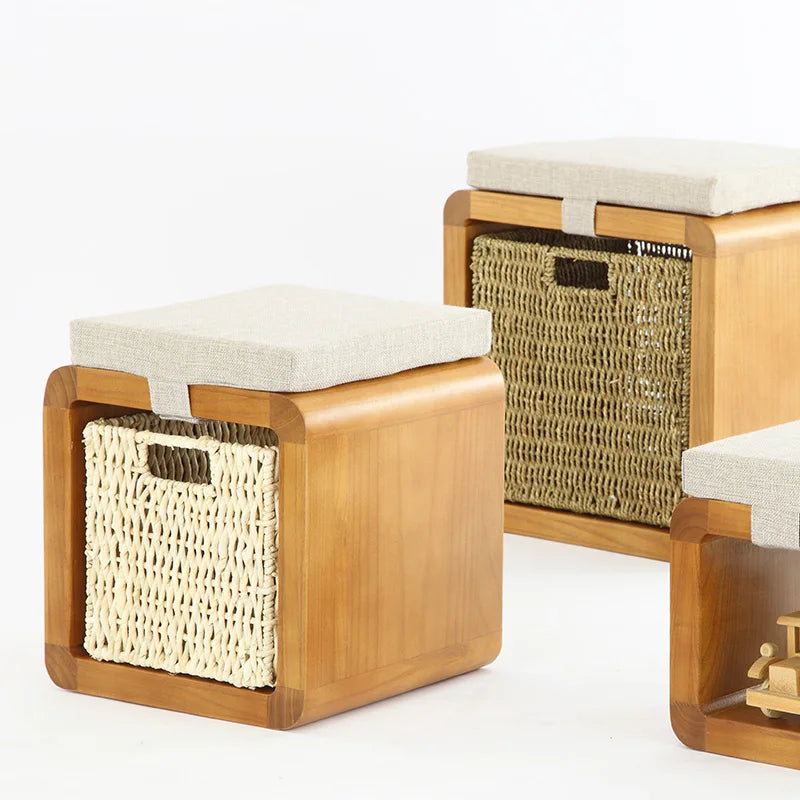 Stackable Wooden Storage Ottoman - Solid Paulownia Round Stool with Hidden Compartment for Living Room, Everstock