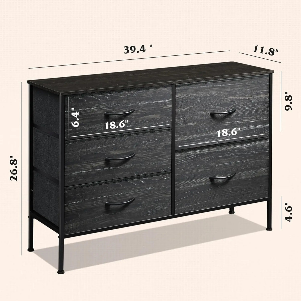 Fabric Chest of Drawers, 5 Bins - Metal-Frame Bedroom Storage Tower with Wood Top and Pull Handles, Everstock