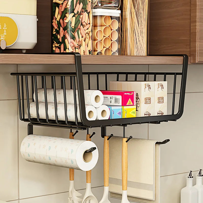 Under-Cabinet Hanging Basket - Metal Storage Organizer with 4 Hooks for Paper Towels, Mugs & Utensils, Everstock