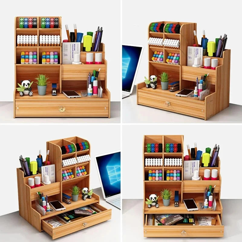 Wooden Desktop Organizer with Drawer - Large-Capacity Stationery Storage for Home & Office, Everstock