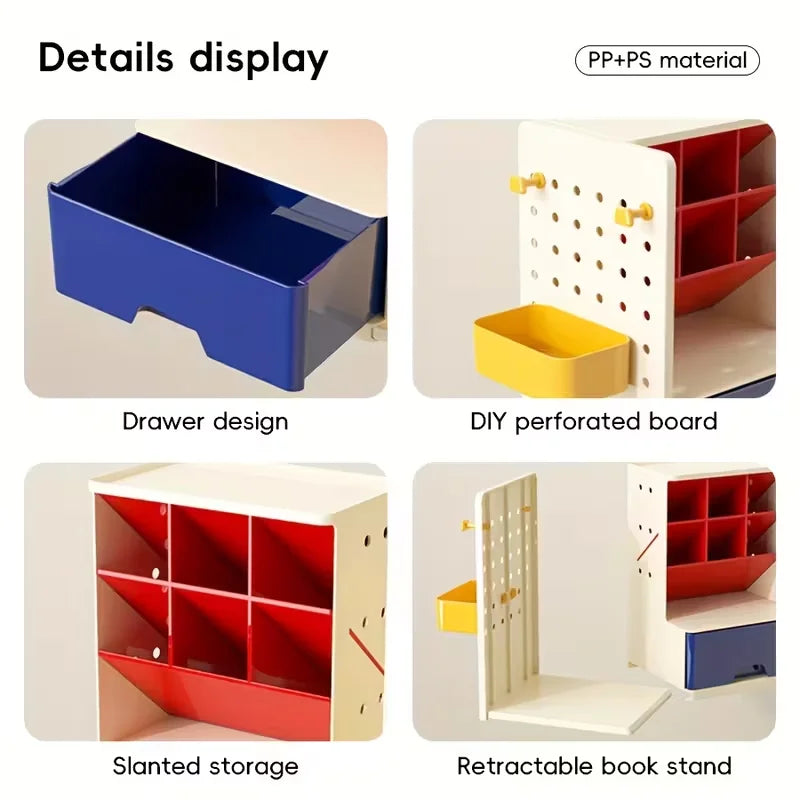 Desk Organizer with Retractable Bookend - Plastic Multi-Compartment Pen Holder and Hanging Storage Board, Everstock