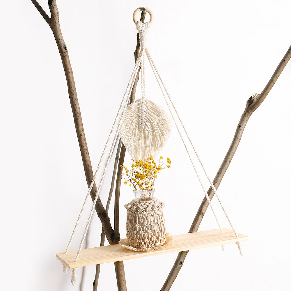 Boho Macrame Wall Shelf 2 Pack - Natural Recycled Wood Hanging Display Shelves with Bead Trim, Everstock