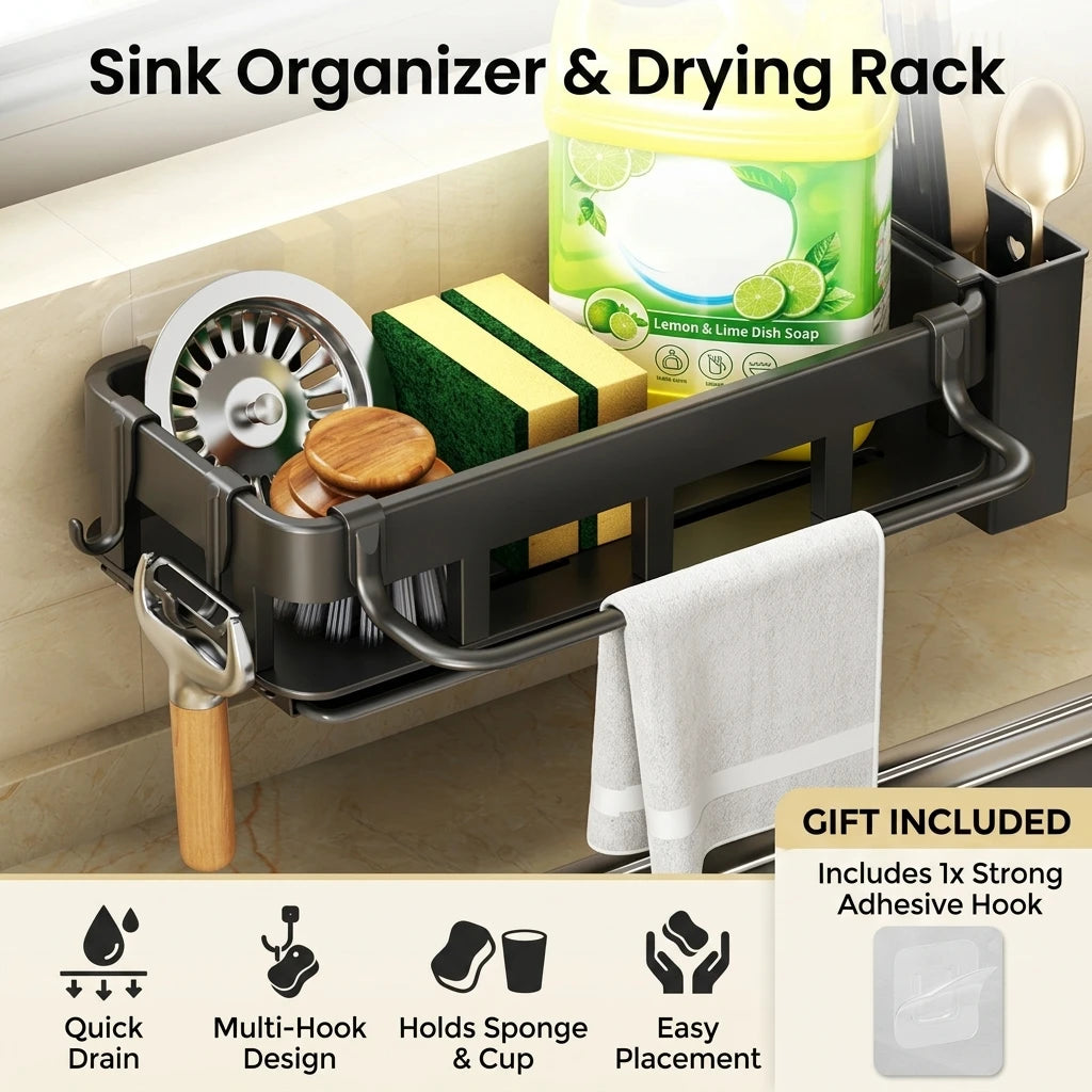 Sink Caddy Organizer - 304 Stainless Steel Drainage Rack for Sponges, Brushes & Dish Soap, Kitchen Sink, Everstock