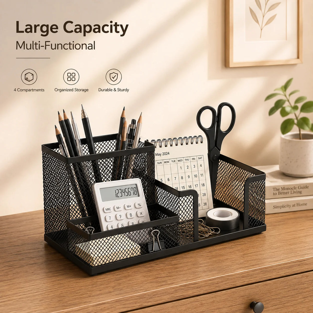 4-Tier Mesh Desk Organizer - Black Metal Desktop Caddy with Pencil Holder and Storage Baskets for Office and School, Everstock