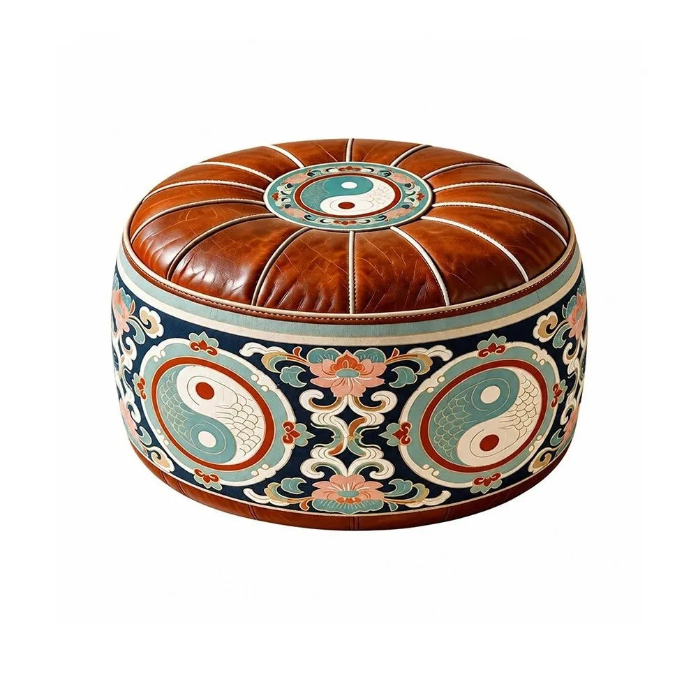 Fillable Storage Ottoman Pouf - Round Moroccan PU Leather Floor Seat, 53 x 53 x 35cm, for Living Room, Everstock