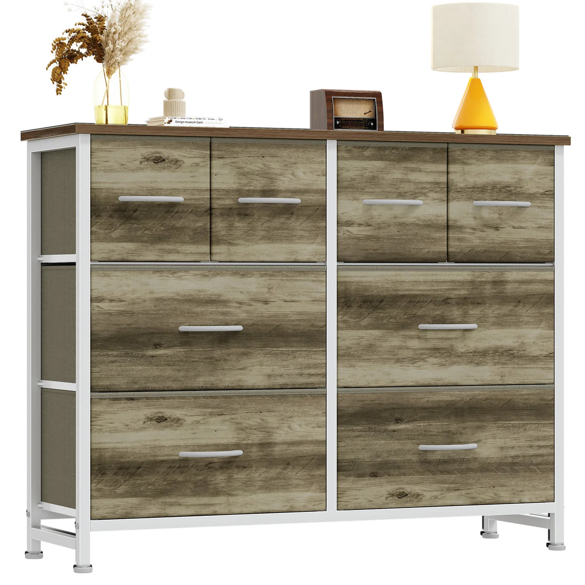 Wide Fabric Dresser & TV Stand - 63-Inch Storage Tower with Wood Top, Metal Frame and Deep Fabric Drawers, Everstock