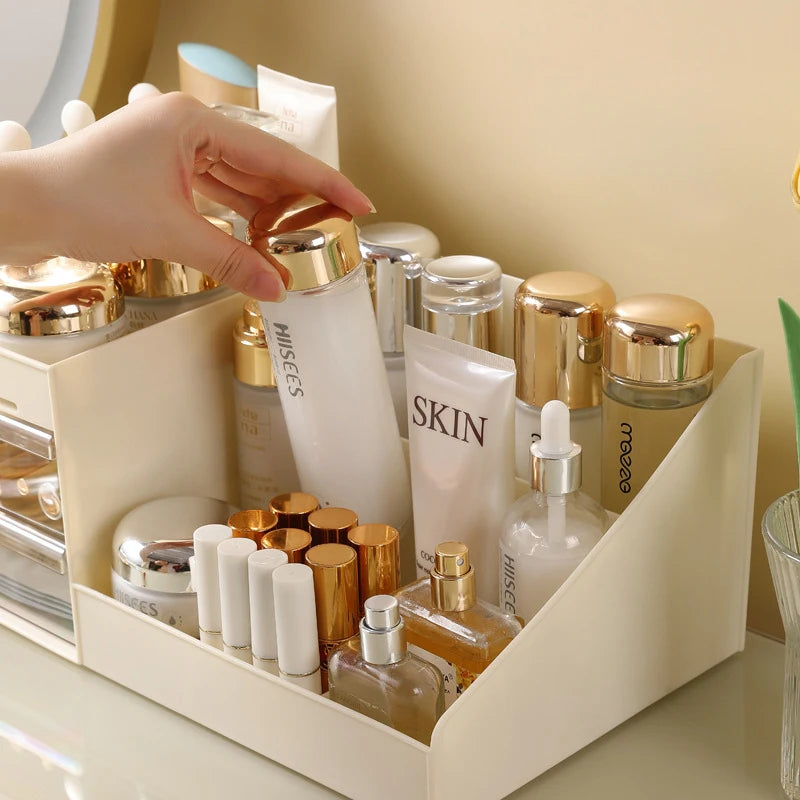 Makeup Drawer Organizer - Beige Plastic Cosmetic Storage Box with Partition for Vanity & Dorm Desks, Everstock