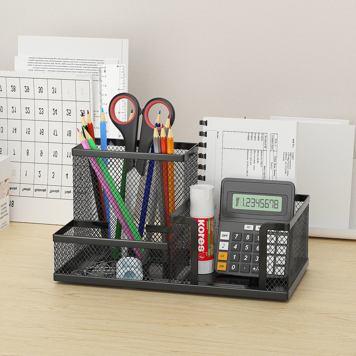 3-Tier Mesh Desk Organizer - Black Metal Letter and Stationery Caddy with Pencil Holder for Home and School Desks, Everstock
