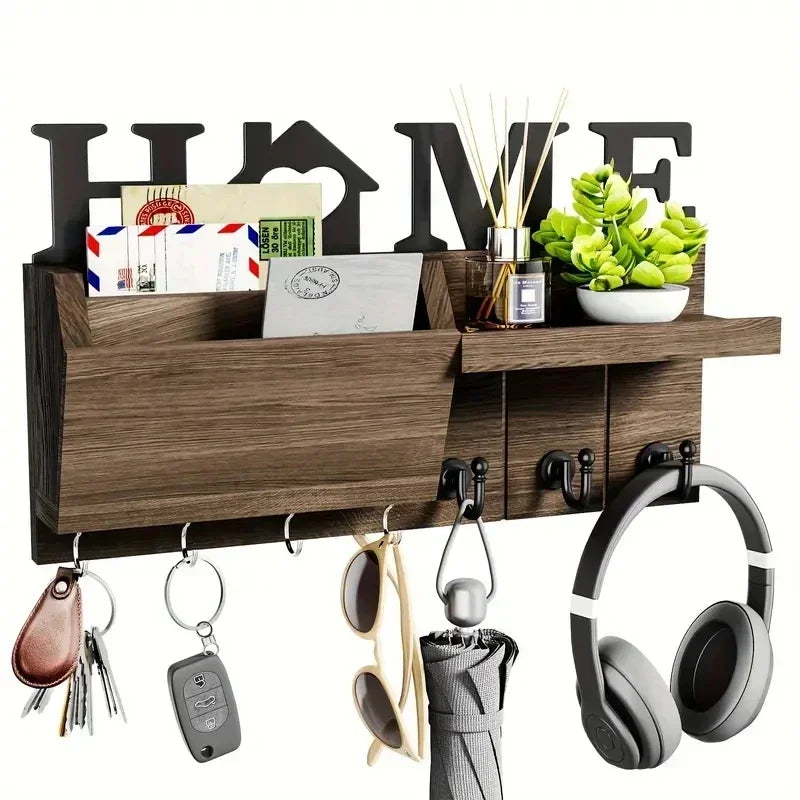 Wooden Wall Key Holder with Shelf - Mail and Key Rack with Large Hooks for Bags, Coats and Umbrellas, Everstock