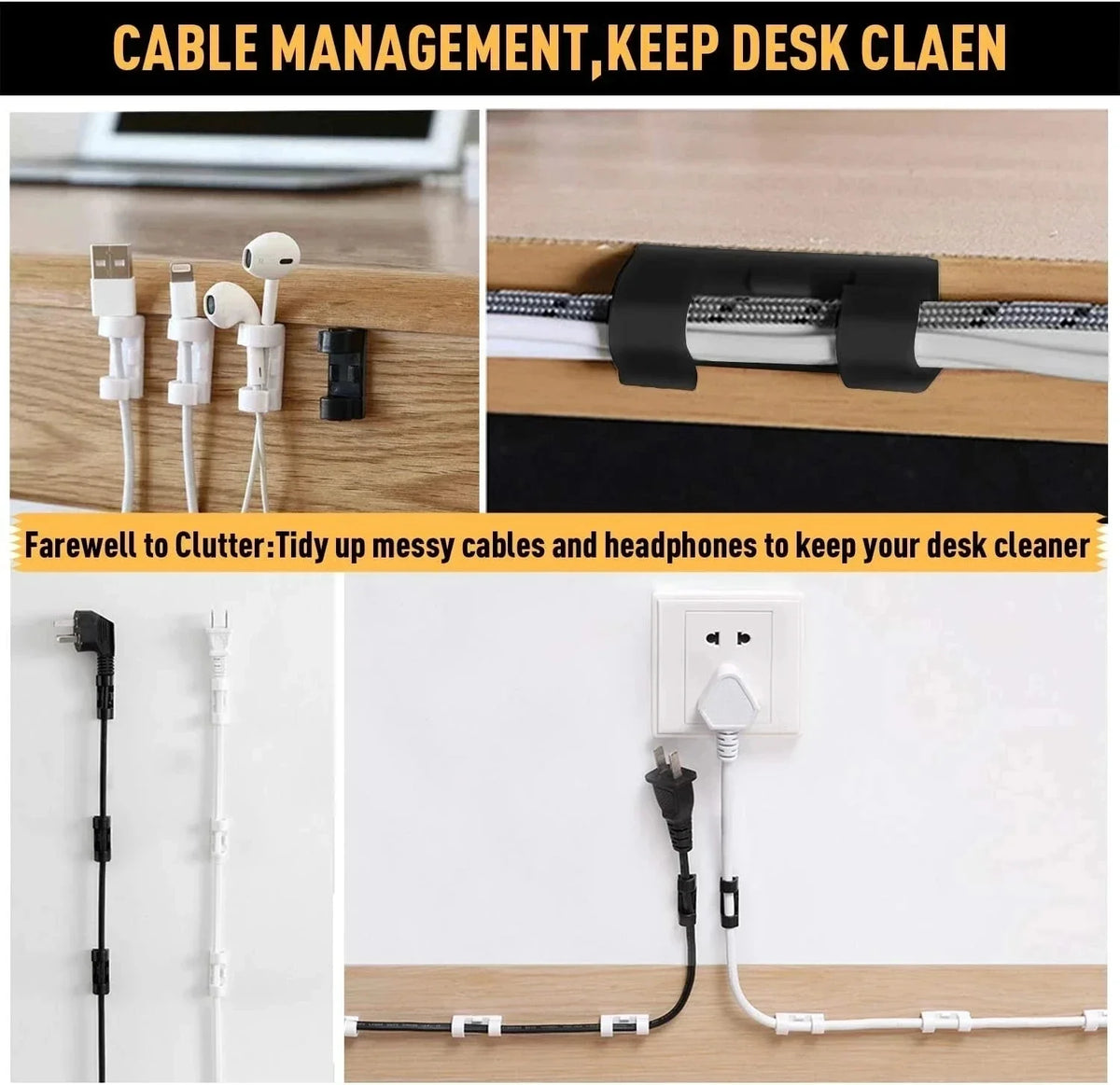 Self-Adhesive Cable Clips - ABS Cord Holders in 20-Piece and 16-Piece Sets for Desk, Home and Car, Everstock