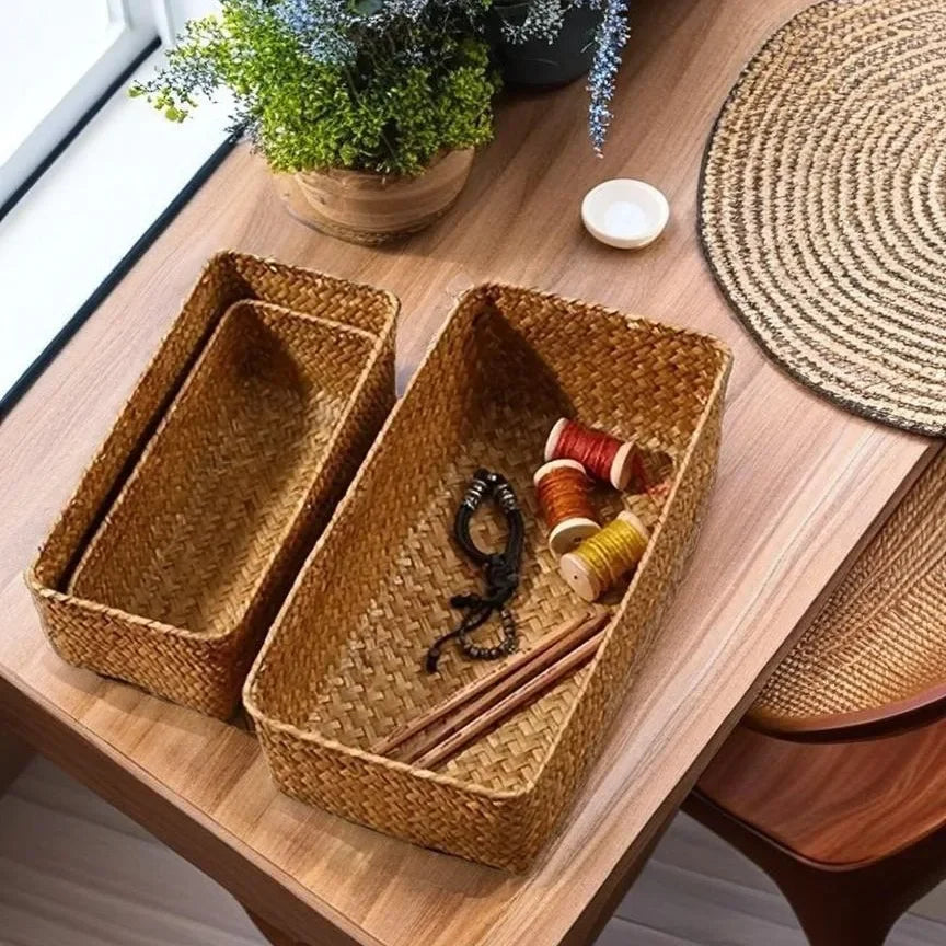 Seagrass Storage Basket - Handwoven Rectangular Organizer for Bathroom Counter, Shelf and Kitchen Sundries, Everstock