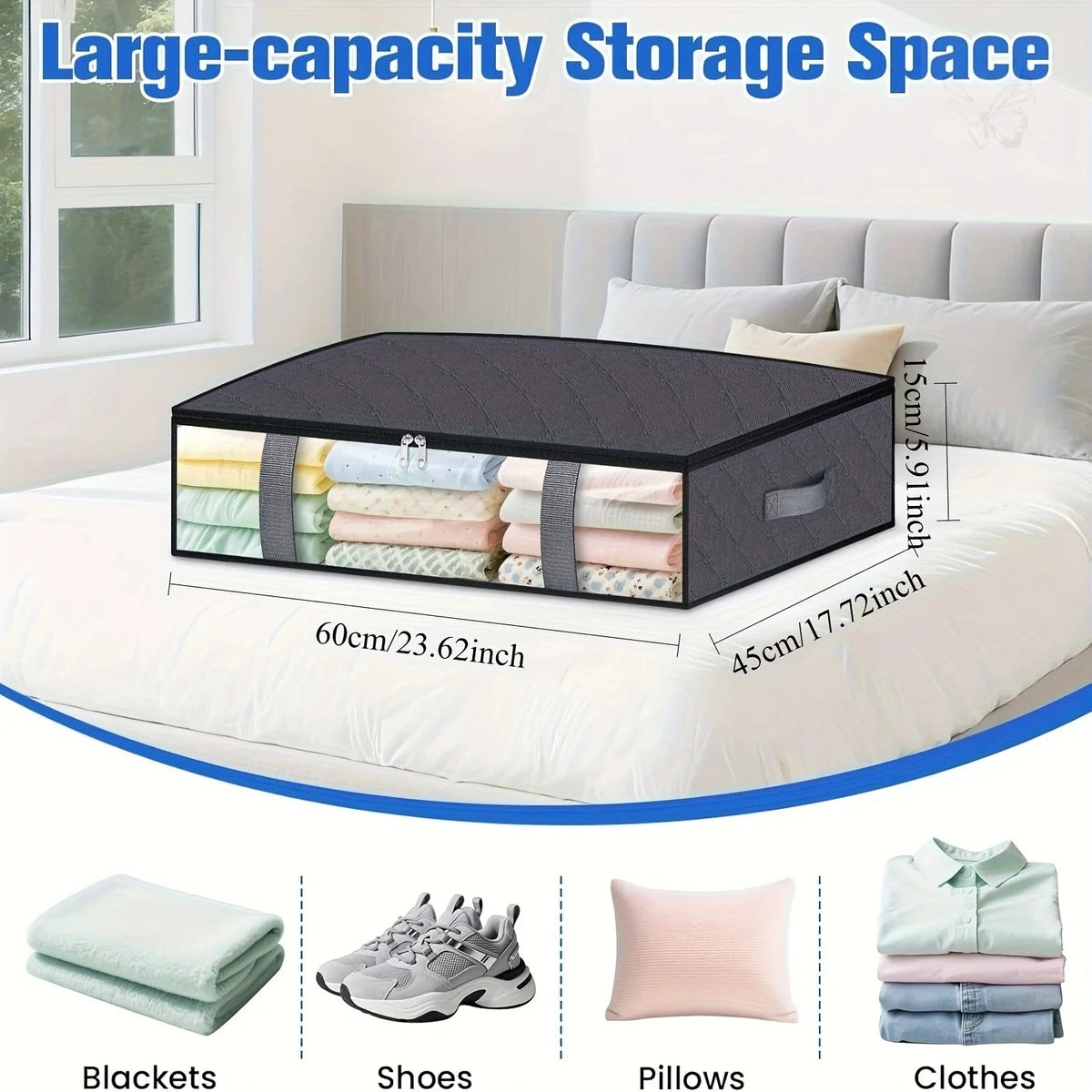 Under-Bed Storage Bags, 4 Pack - PVC Bedding, Blanket and Shoe Organizers for Seasonal Bedroom Storage, Everstock