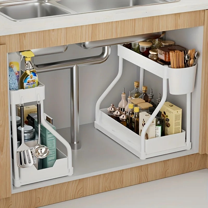 Under-Sink Pull-Out Organizer - 2-Tier Sliding Cabinet Storage Rack for Kitchen & Bathroom, Everstock