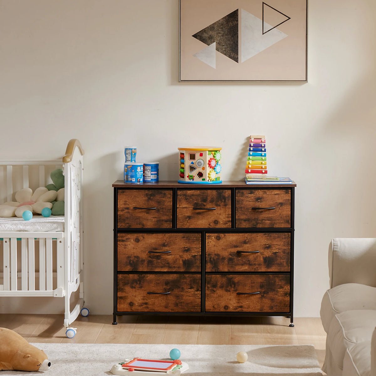 7-Drawer Fabric Dresser - Wood Top Chest of Drawers with Metal Frame for Living Room, Bedroom & Entryway Storage, Everstock
