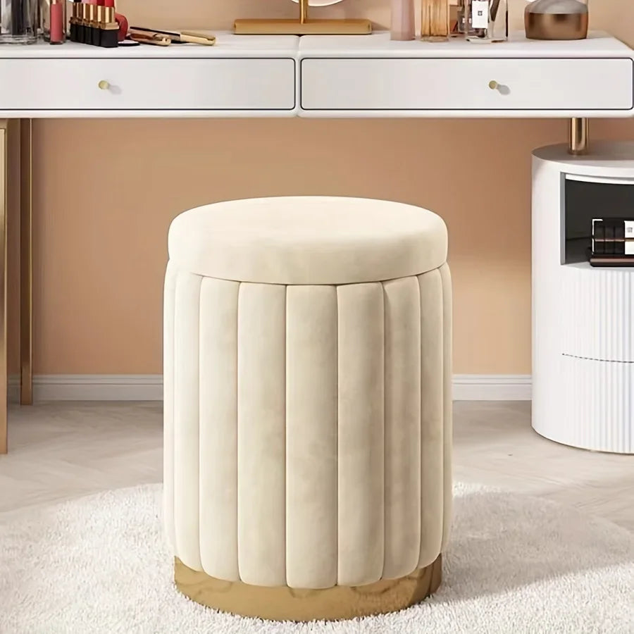 Round Storage Ottoman Stool - Cushioned Metal-Framed Vanity Seat with Hidden Storage for Bedroom Dressing Table, Everstock