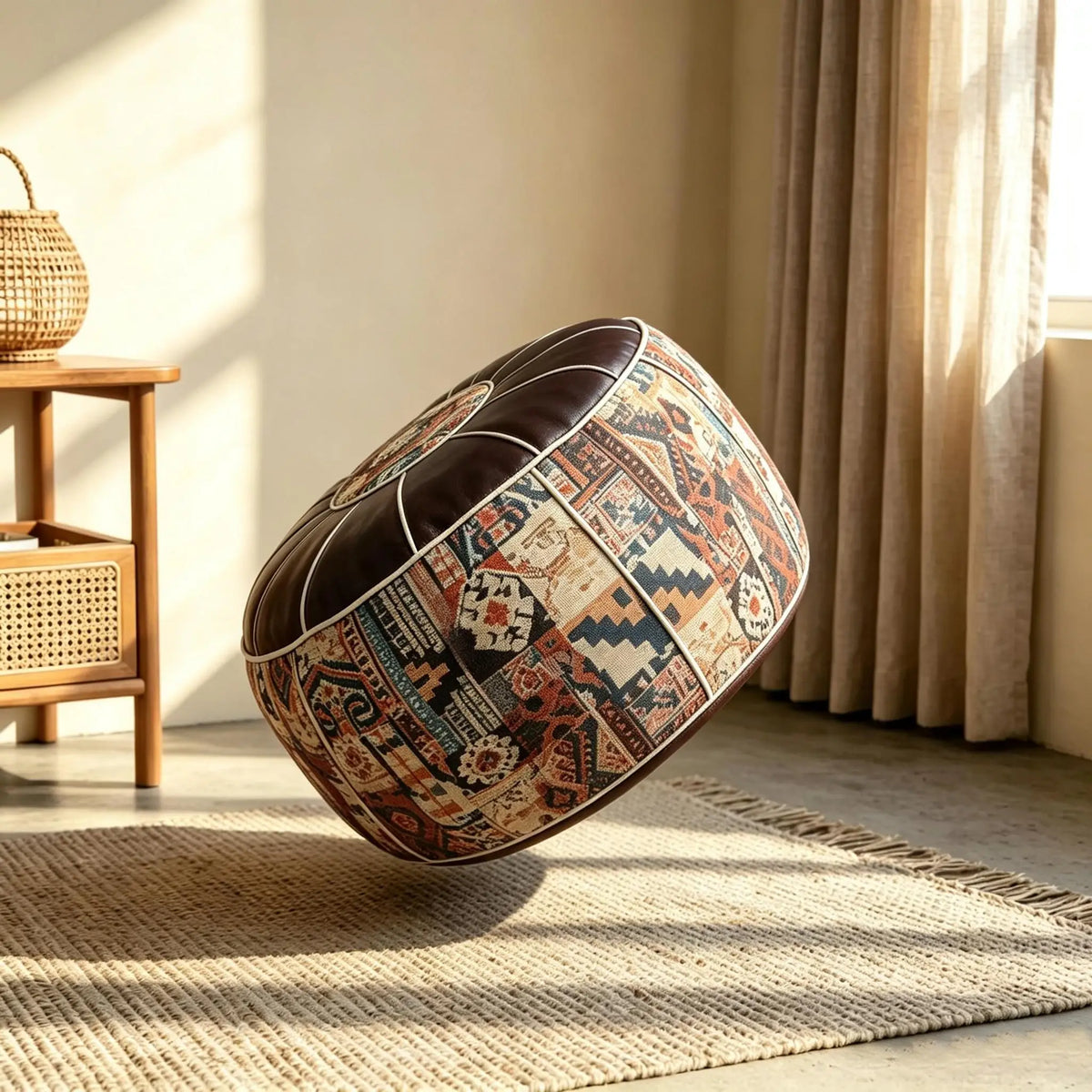 Unstuffed Pouf Ottoman Cover - Bohemian Faux Leather Floor Cushion You Fill with Blankets and Clothes, Everstock