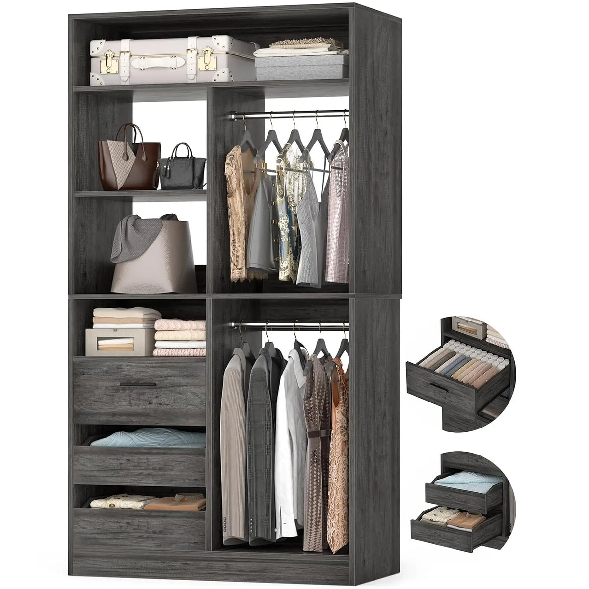 Freestanding Wardrobe Cabinet - 36-Inch Modular Closet Organizer with 3 Drawers, 6 Shelves and Display Niches, Everstock