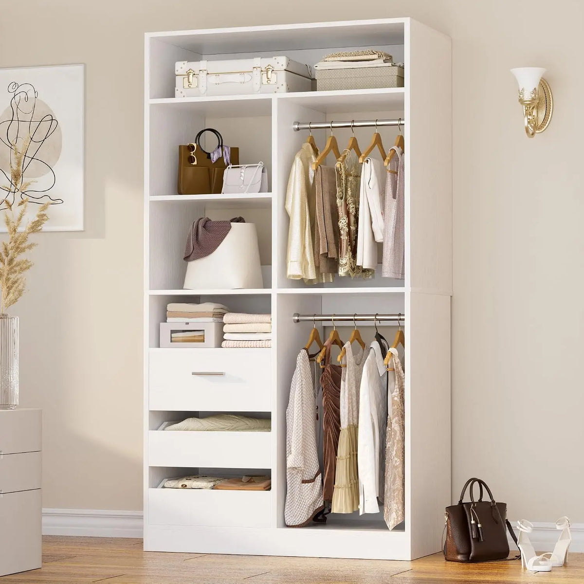 Freestanding Wardrobe Cabinet - 36-Inch Modular Closet Organizer with 3 Drawers, 6 Shelves and Display Niches, Everstock