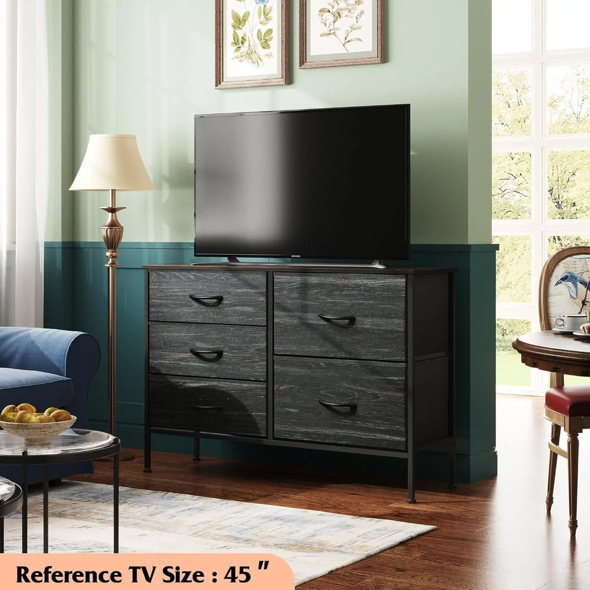 Fabric Chest of Drawers, 5 Bins - Metal-Frame Bedroom Storage Tower with Wood Top and Pull Handles, Everstock