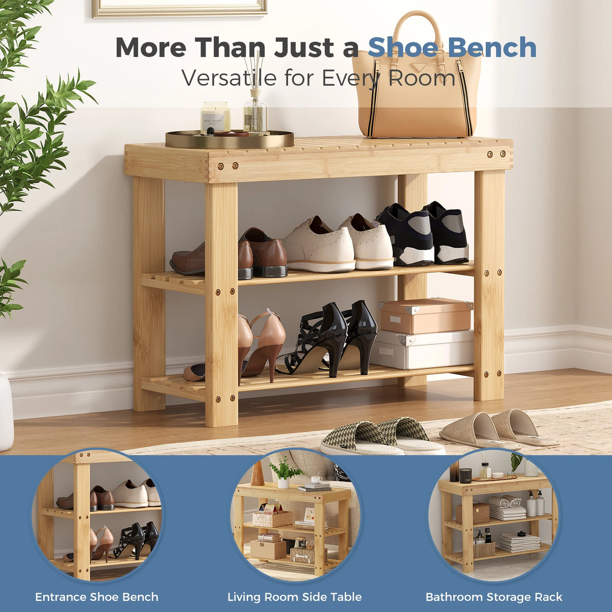 Bamboo Shoe Rack Bench - Natural Bamboo Entryway Storage Bench with 286 lb Seat Capacity, Everstock