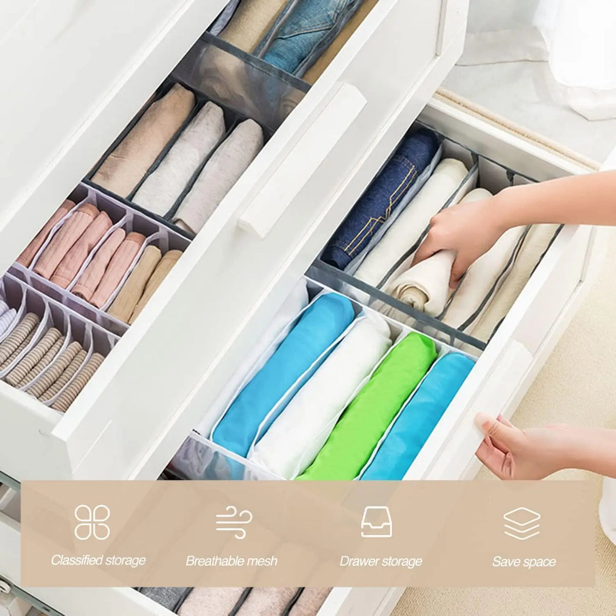 Wardrobe Clothes Organizer with 7 Grids - Washable Foldable Mesh Drawer Box for Underwear, Socks & Scarves, Everstock