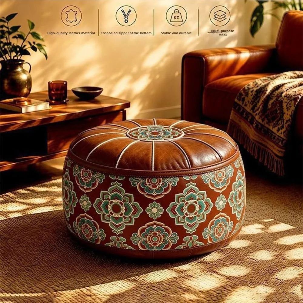 Fillable Storage Ottoman Pouf - Round Moroccan PU Leather Floor Seat, 53 x 53 x 35cm, for Living Room, Everstock