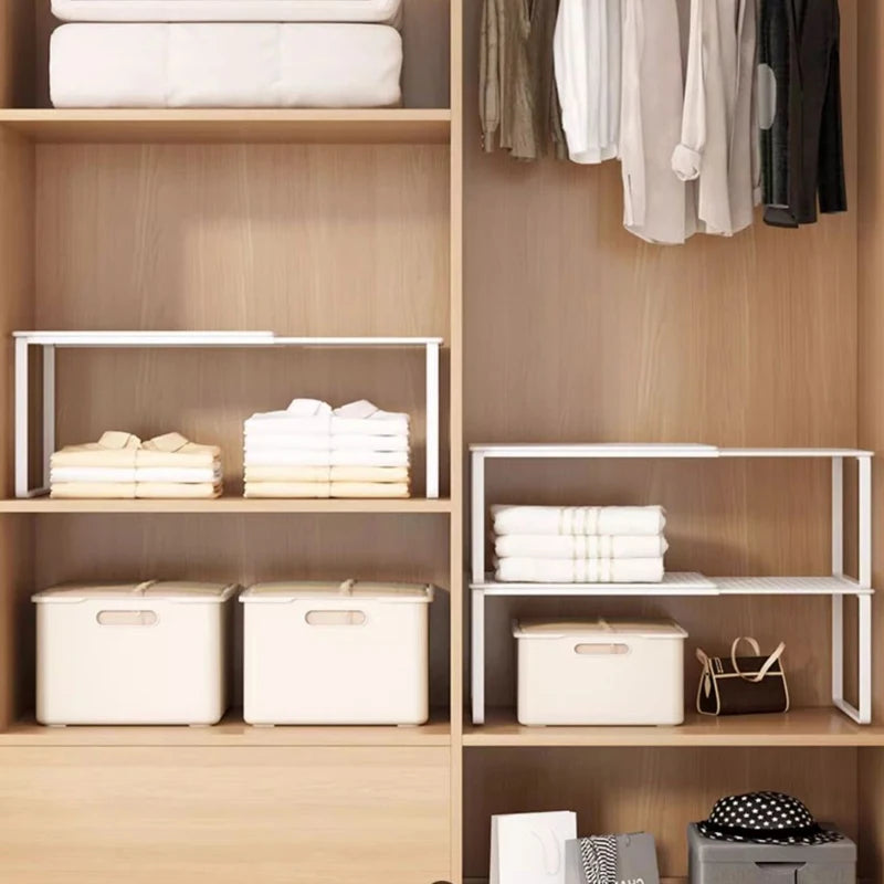 Retractable Closet Shelf Organizer - Carbon Steel Stackable Cabinet Shelf Rack, Adjustable Length for Wardrobes, Everstock