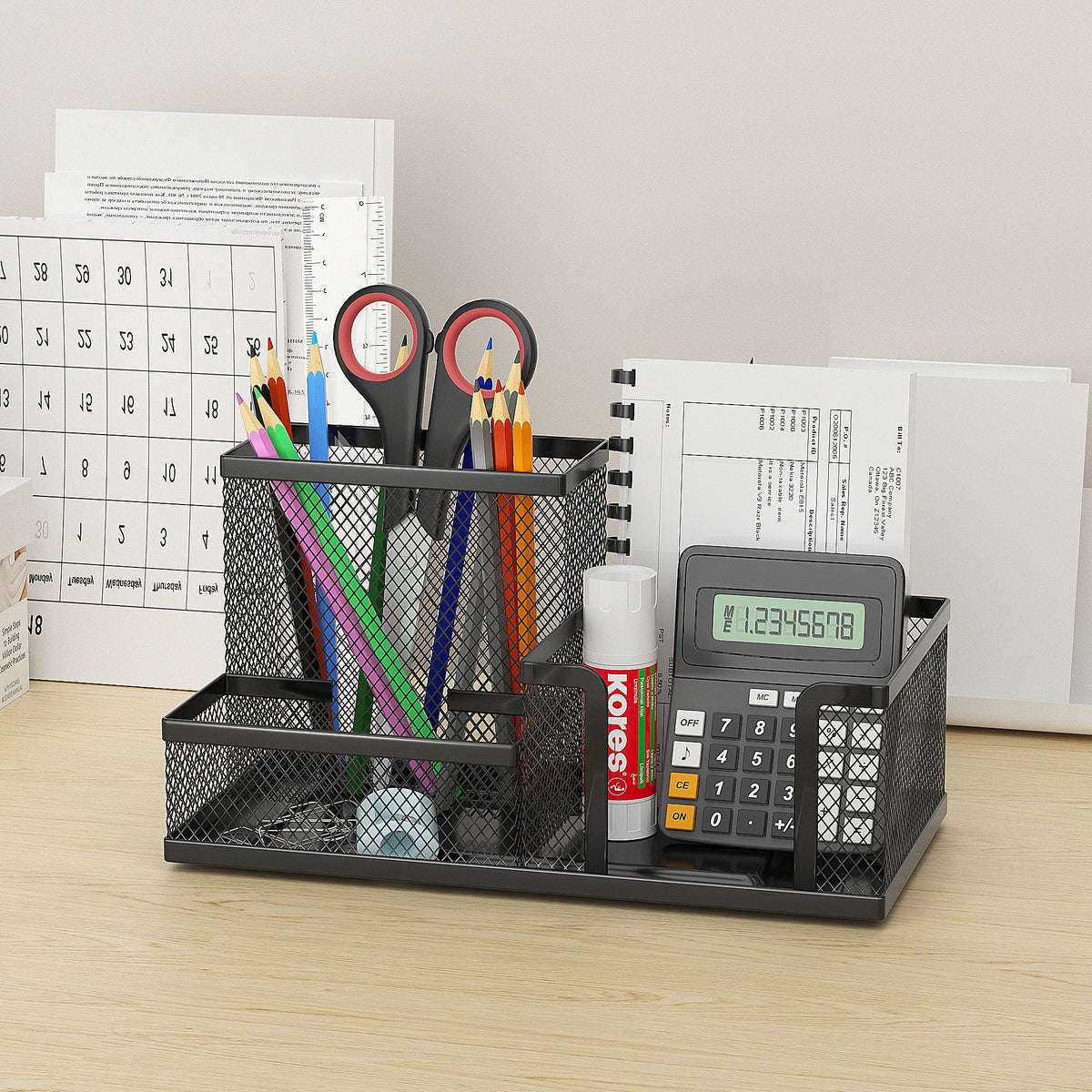 Mesh Desk Organizer Caddy - Black Metal 3-Compartment Pencil Holder with Storage Baskets for Desktop Supplies, Everstock
