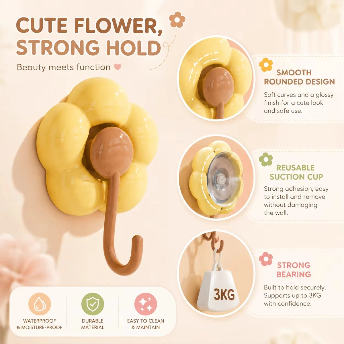 Sunflower Suction Cup Hook - No-Drill PVC Wall Hook for Kitchen, Bathroom and Living Room Tiles, Everstock
