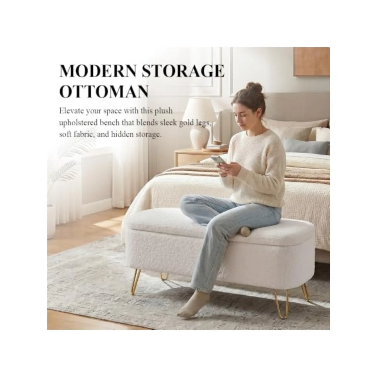 Storage Ottoman Bench - Boucle Upholstered Entryway Seat with Gold Metal Legs, 300lb Capacity, 38.97in Wide, Everstock