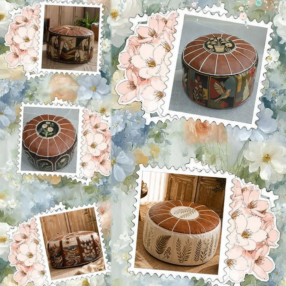 Round Storage Ottoman Pouf Cover - Fillable PU Leather Floor Seat with Boho Pattern, 53 x 35cm, Everstock