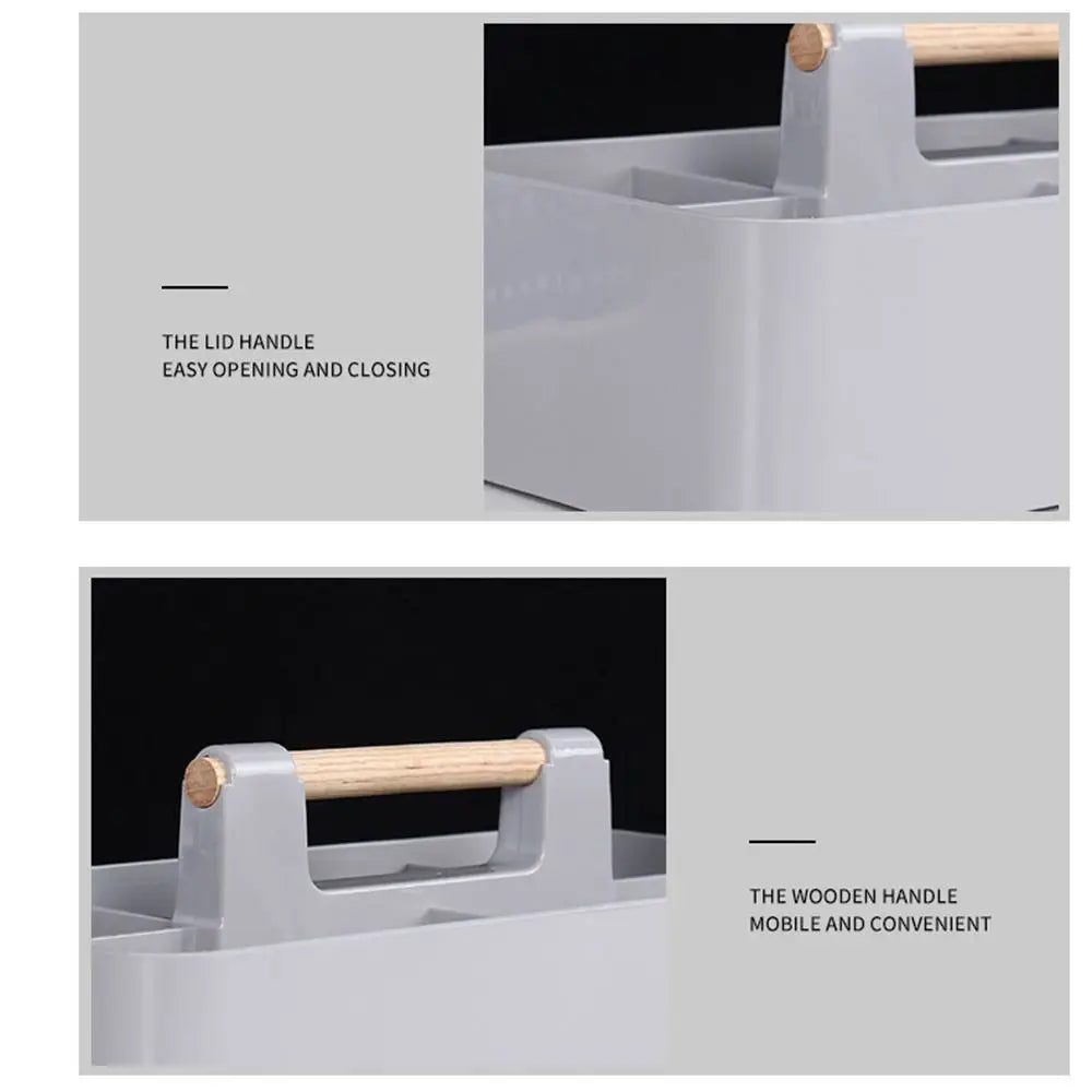 Stackable Desk Organizer Basket - Divided Plastic Tray with Wood Handle for Stationery, Makeup and Desktop Storage, Everstock