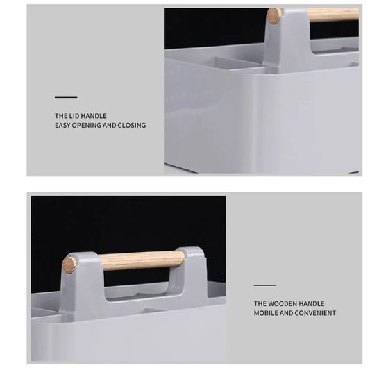 Stackable Desk Organizer Basket - Divided Plastic Tray with Wood Handle for Stationery, Makeup and Desktop Storage, Everstock