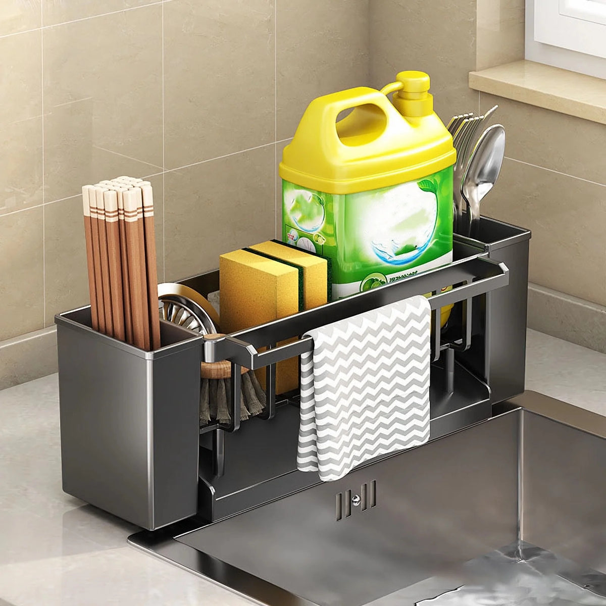 Sink Caddy with Brush Holder - Sponge & Rag Drain Rack for Kitchen and Bathroom Faucets, Everstock