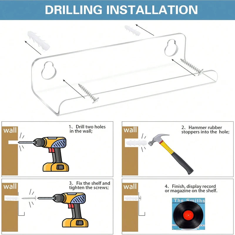 Acrylic Record Display Shelf - Clear Wall-Mounted Album Ledge for Vinyl, Magazines and Books, Everstock