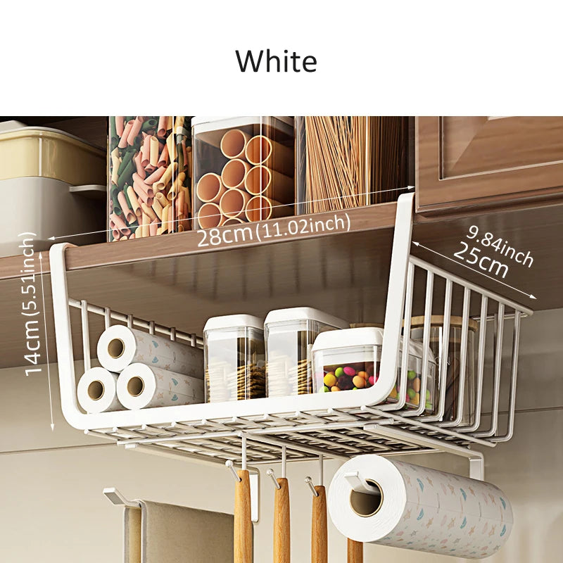 Under-Cabinet Hanging Basket - Metal Storage Organizer with 4 Hooks for Paper Towels, Mugs & Utensils, Everstock