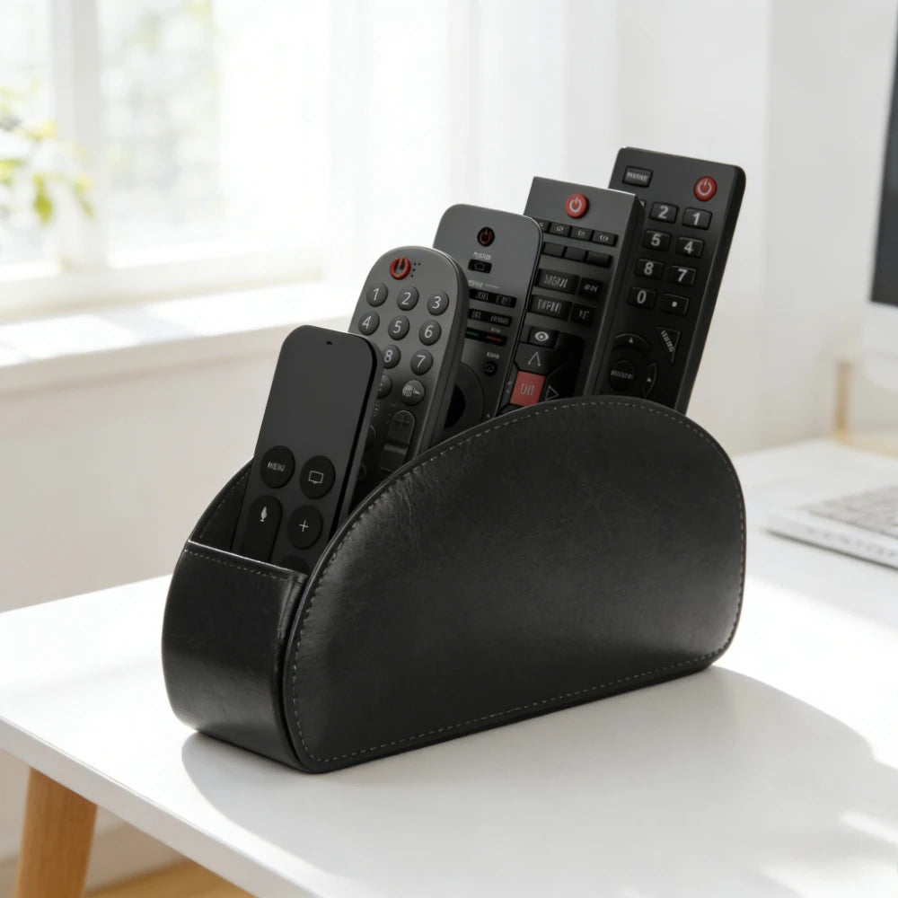 Remote Control Holder - 5-Compartment PU Leather Desktop Caddy for TV Remotes, Phones & Stationery, Everstock