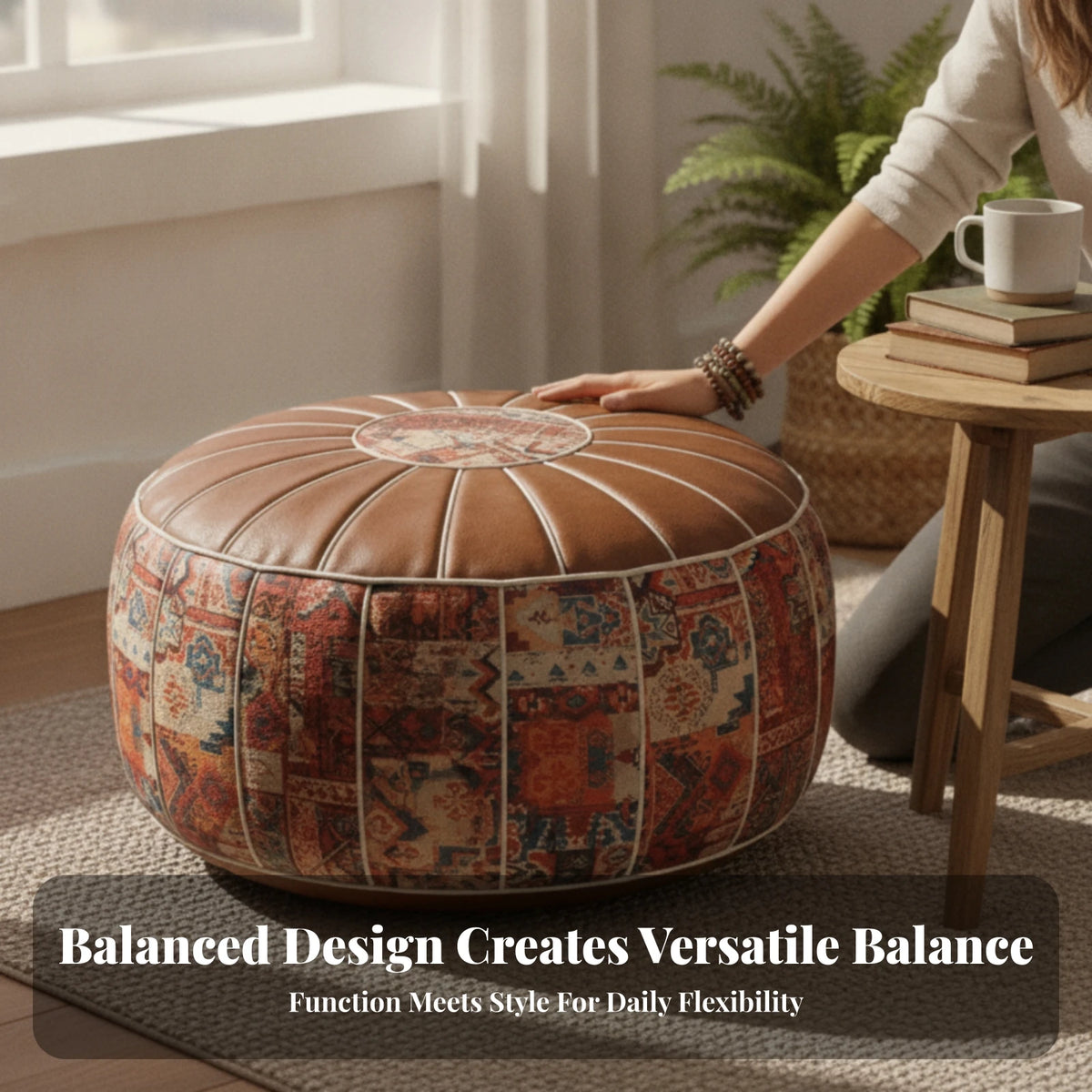 Bohemian Round Storage Ottoman - Water-Resistant Faux Leather Top, Embroidered Body, Zip-Access Footstool, Everstock