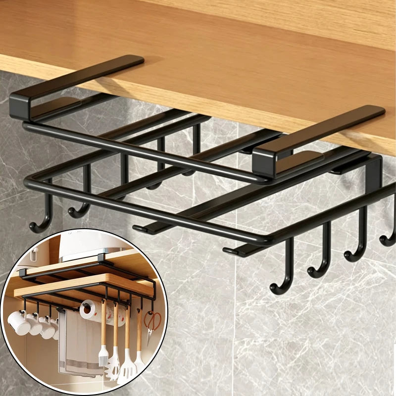 Under-Cabinet Hook Rack - Carbon Steel Hanging Organizer for Towels, Boards & Pot Lids, Kitchen, Everstock