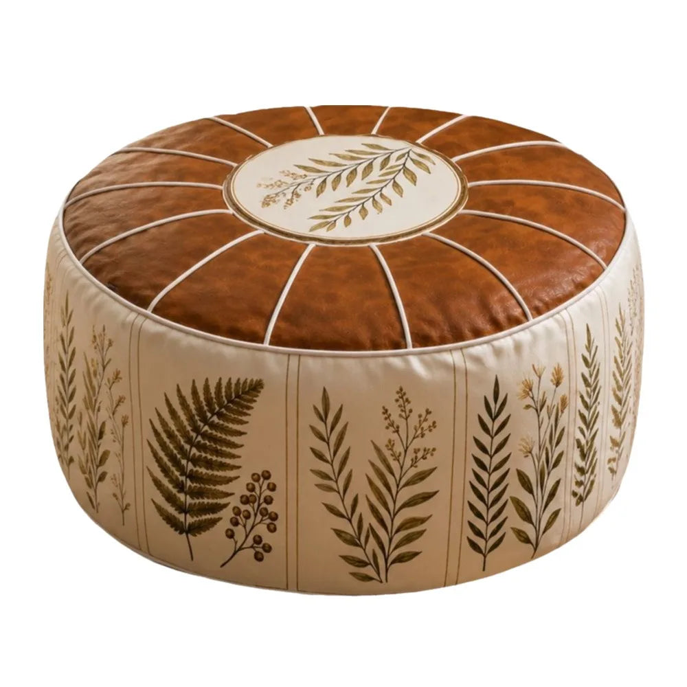 Round Storage Ottoman Pouf Cover - Fillable PU Leather Floor Seat with Boho Pattern, 53 x 35cm, Everstock