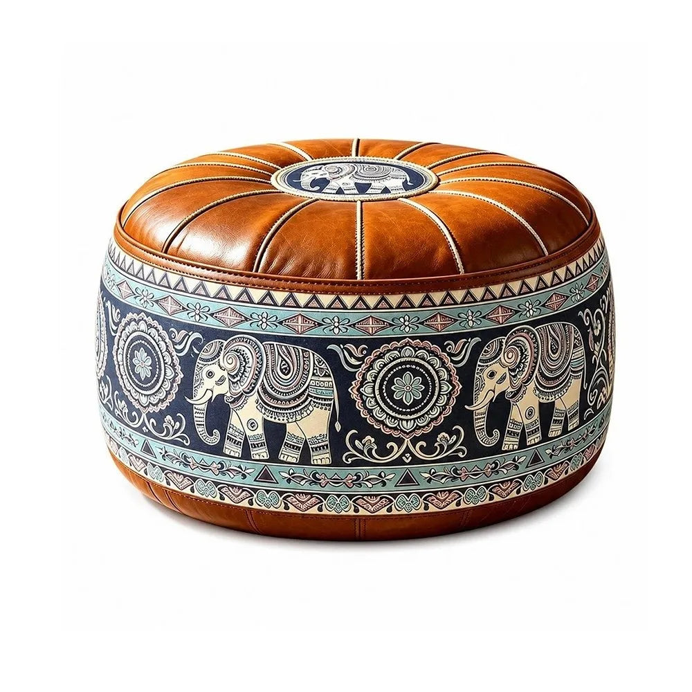 Fillable Storage Ottoman Pouf - Round Moroccan PU Leather Floor Seat, 53 x 53 x 35cm, for Living Room, Everstock