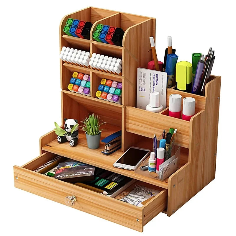 Wooden Desktop Organizer with Drawer - Large-Capacity Stationery Storage for Home & Office, Everstock