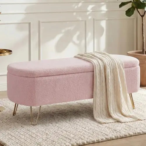 Storage Ottoman Bench - Boucle Upholstered Entryway Seat with Gold Metal Legs, 300lb Capacity, 38.97in Wide, Everstock
