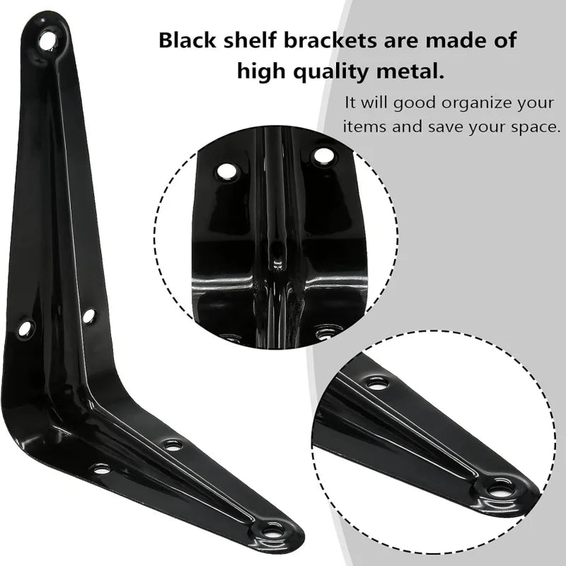 Black Shelf Brackets - Cold-Rolled Steel L-Brackets in 6, 8, 10 and 12 Inch for Wood Board Shelves, Everstock