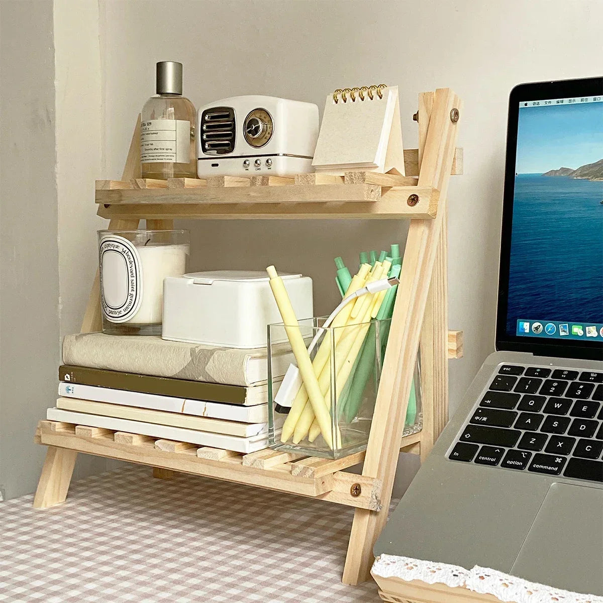 Wooden Desk Organizer Shelf - 2-Tier Folding Wood Storage Rack for Stationery, Books & Dorm Desktops, Everstock