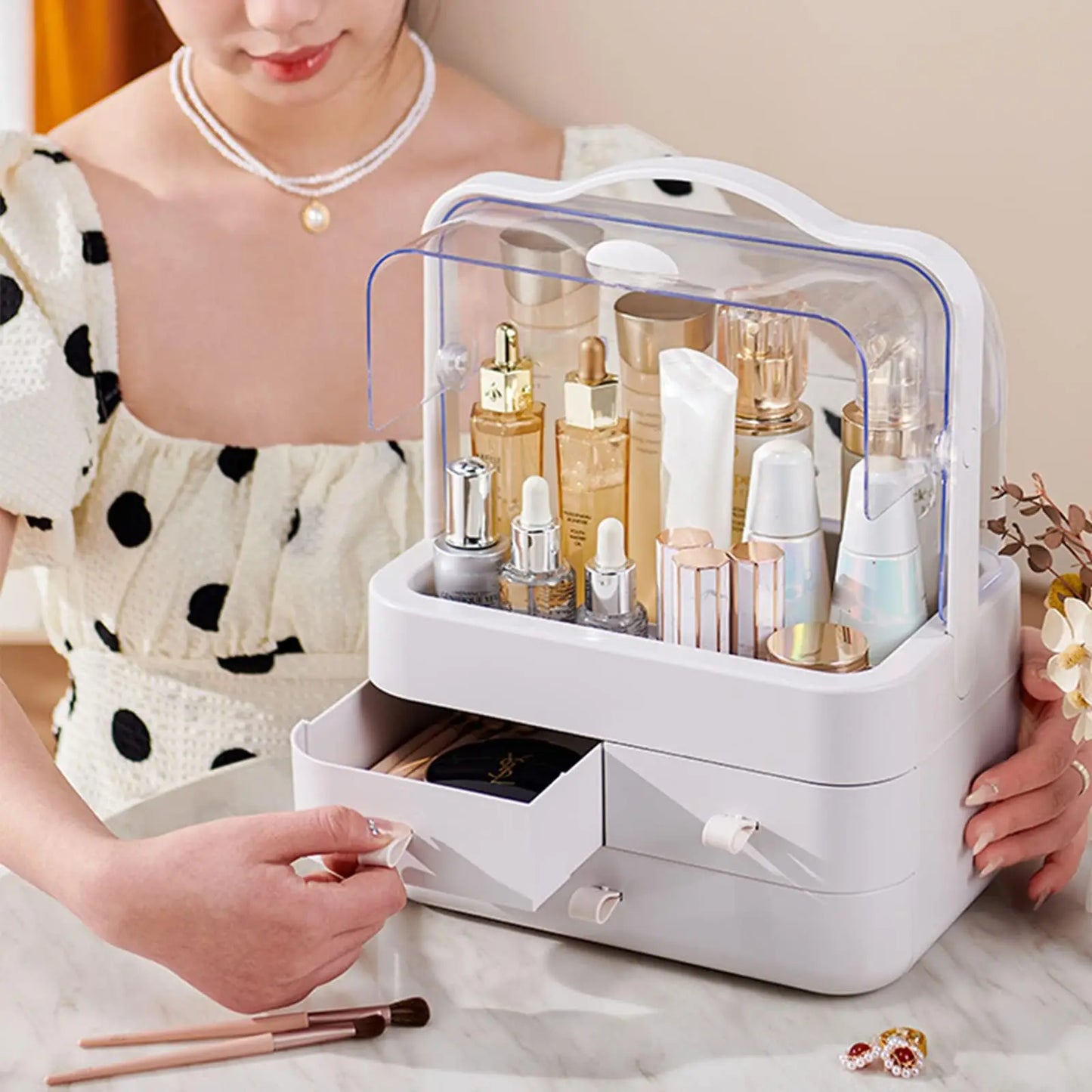 Countertop Cosmetic Organizer - Waterproof Storage with Lid & Drawer for Dresser & Bathroom, Everstock